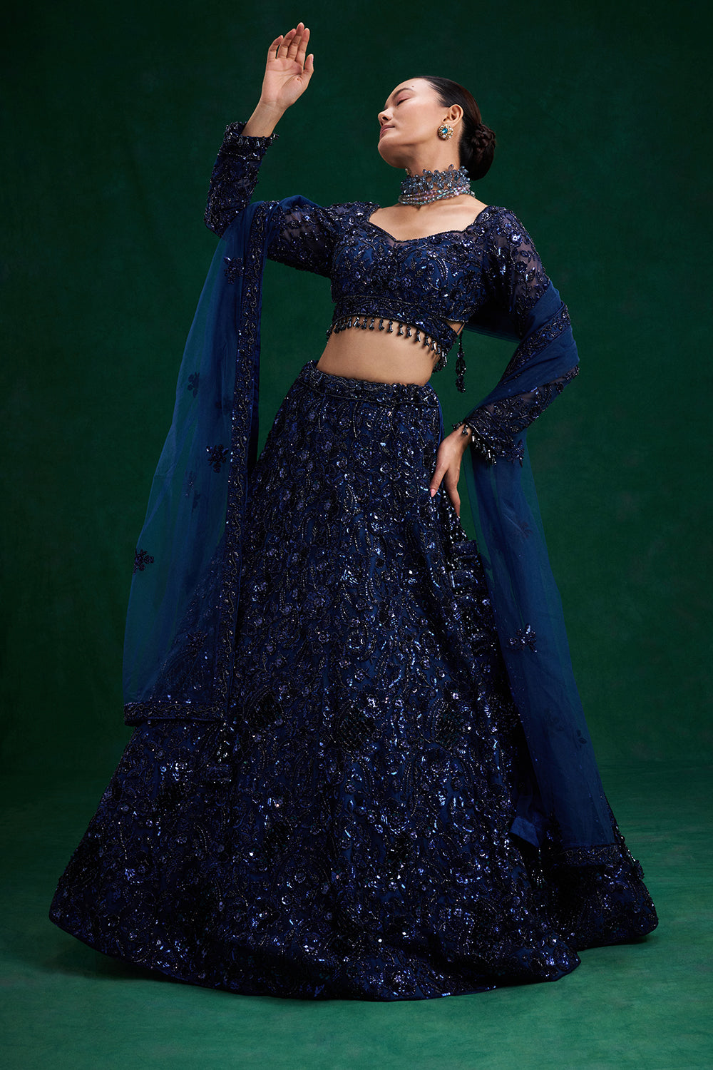 Blue Net Bridal Lehenga with Cutdana, Sequin and 3D Floral Work