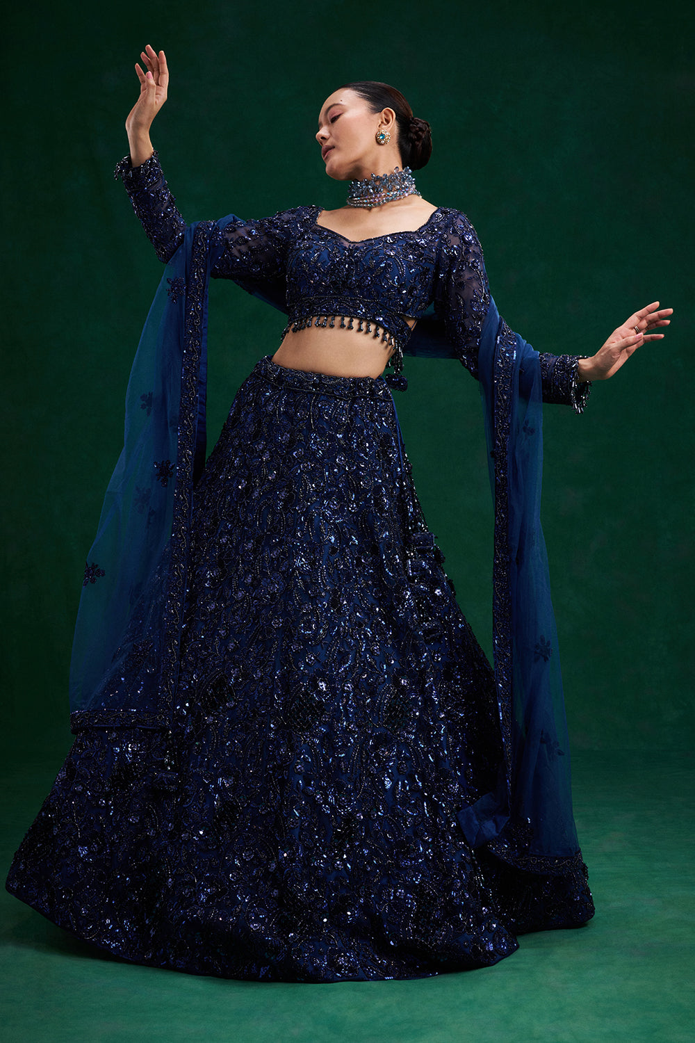 Blue Net Bridal Lehenga with Cutdana, Sequin and 3D Floral Work