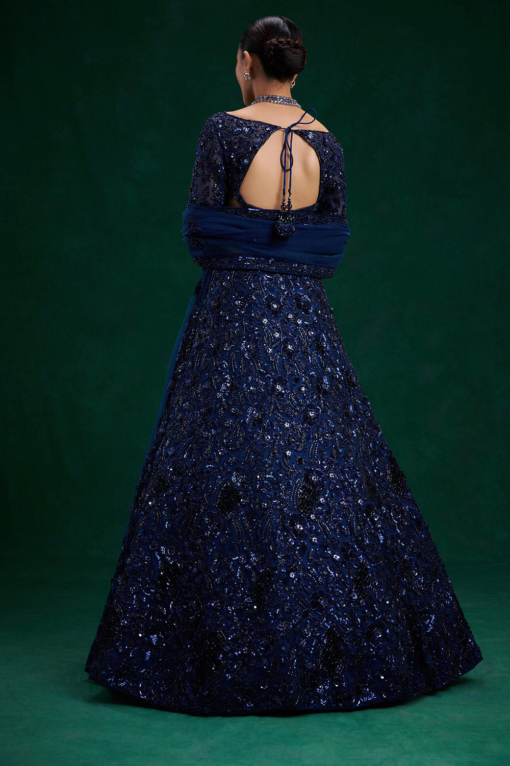 Blue Net Bridal Lehenga with Cutdana, Sequin and 3D Floral Work