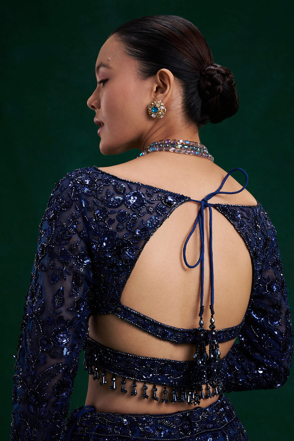 Blue Net Bridal Lehenga with Cutdana, Sequin and 3D Floral Work