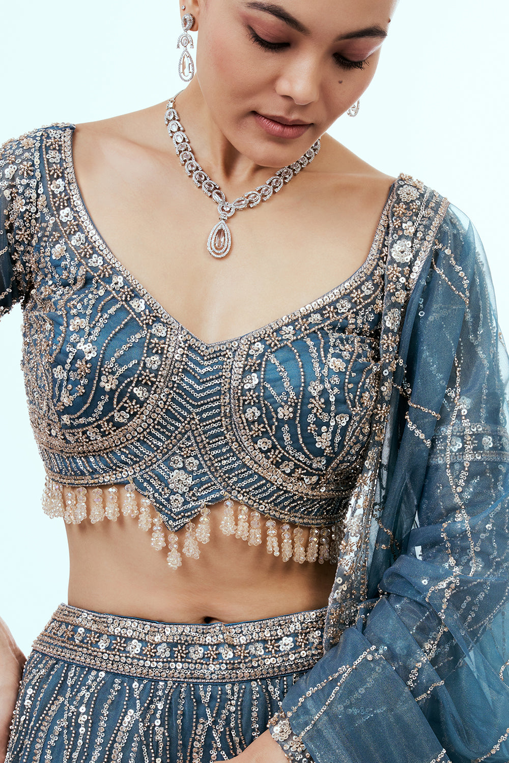 Blue Net Lehenga with Sequins Hand Work