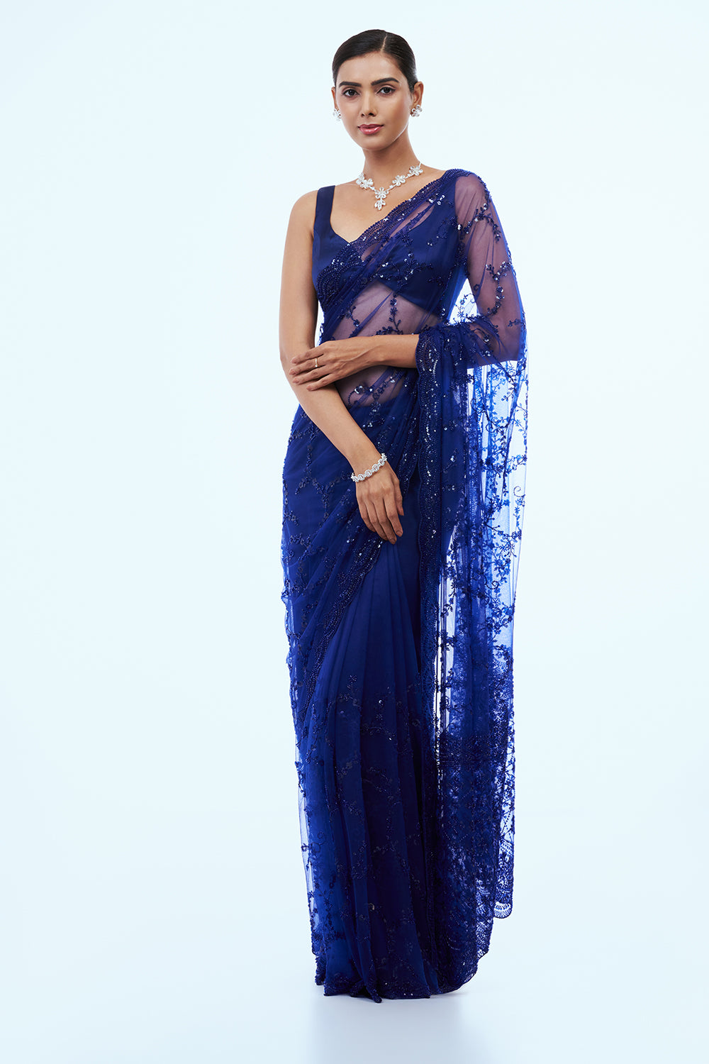 Blue Net Saree with Cutdana Work