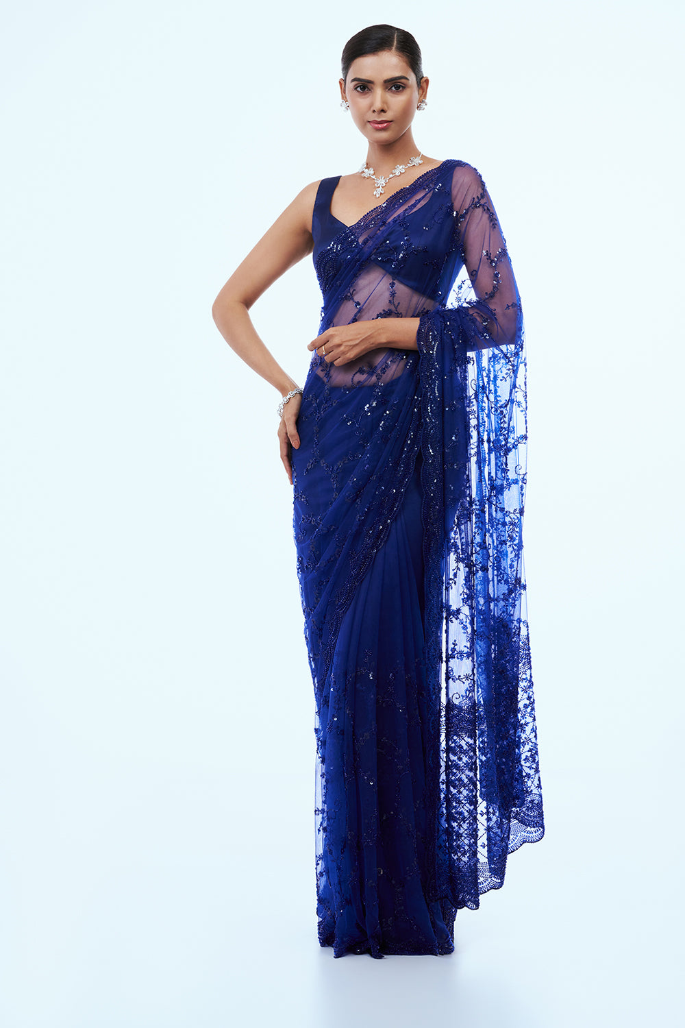 Blue Net Saree with Cutdana Work