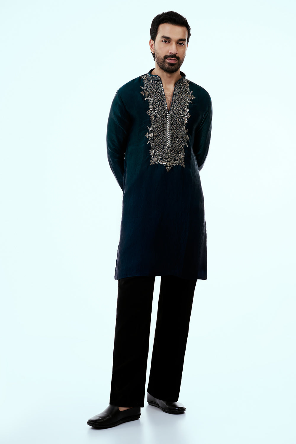 Blue Ombre Tissue Organza Mens Kurta Set with Metal and Zari Work