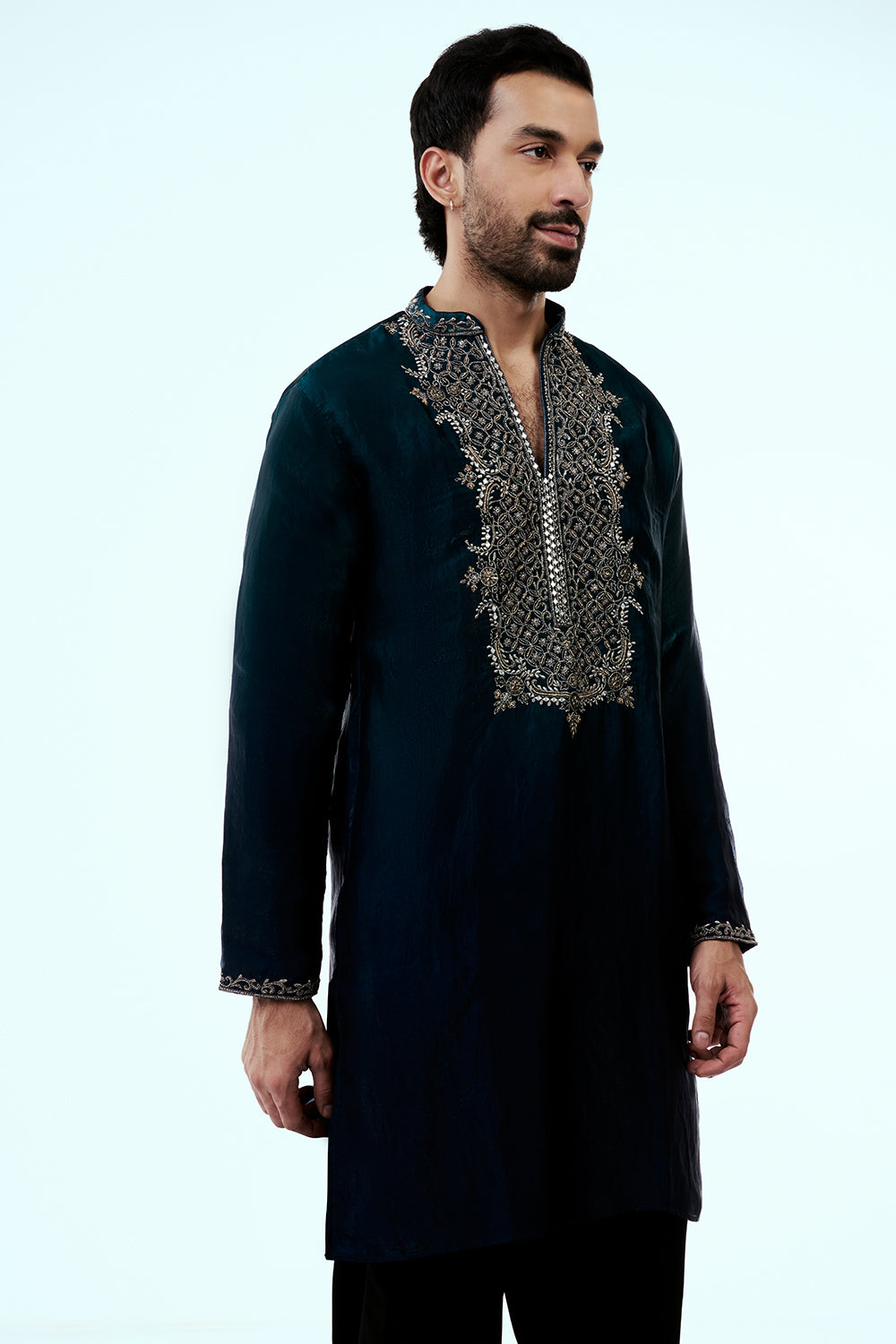 Blue Ombre Tissue Organza Mens Kurta Set with Metal and Zari Work
