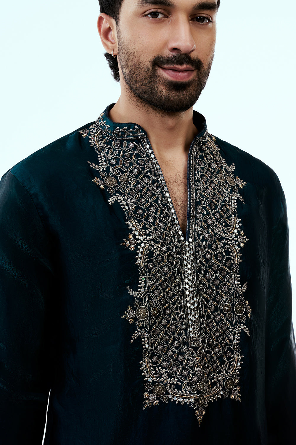 Blue Ombre Tissue Organza Mens Kurta Set with Metal and Zari Work