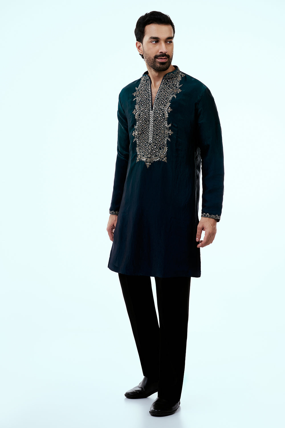Blue Ombre Tissue Organza Mens Kurta Set with Metal and Zari Work