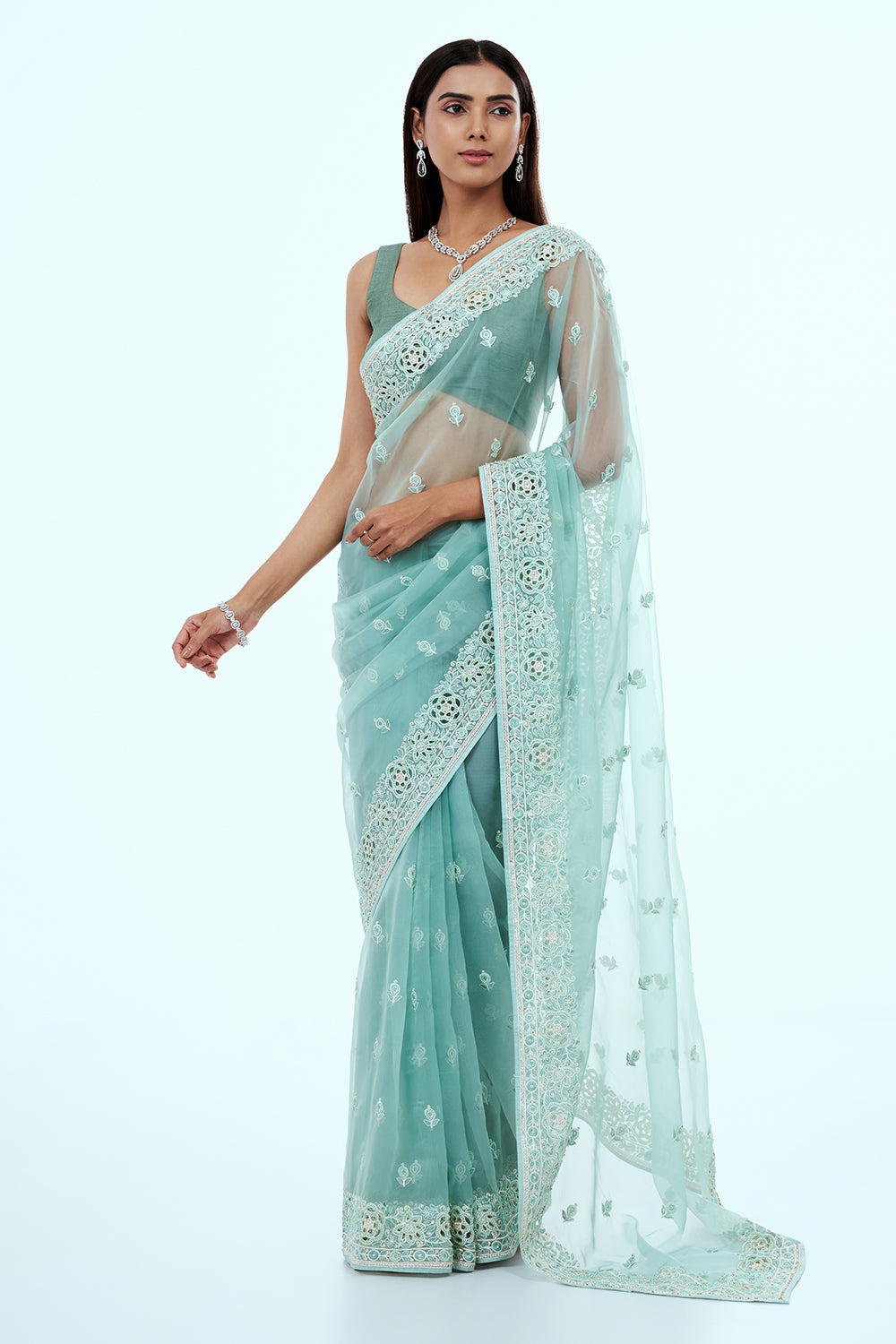 Blue Organza Saree with Resham Embroidery and Butti Work