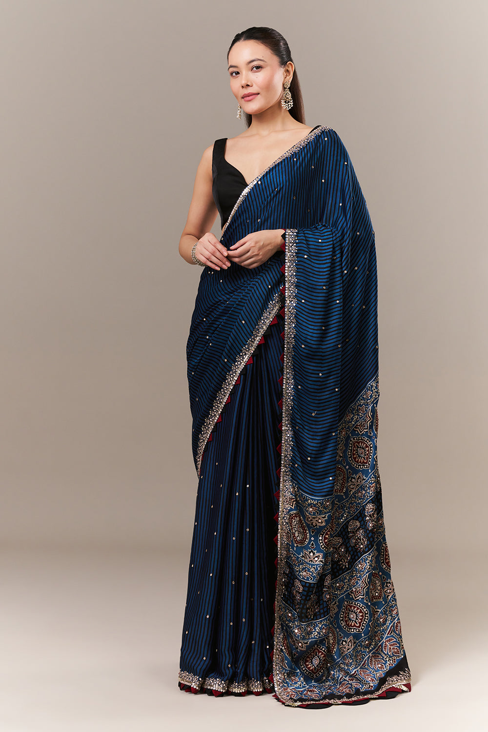 Blue Satin Silk Printed Saree with Sequin and Zari Work