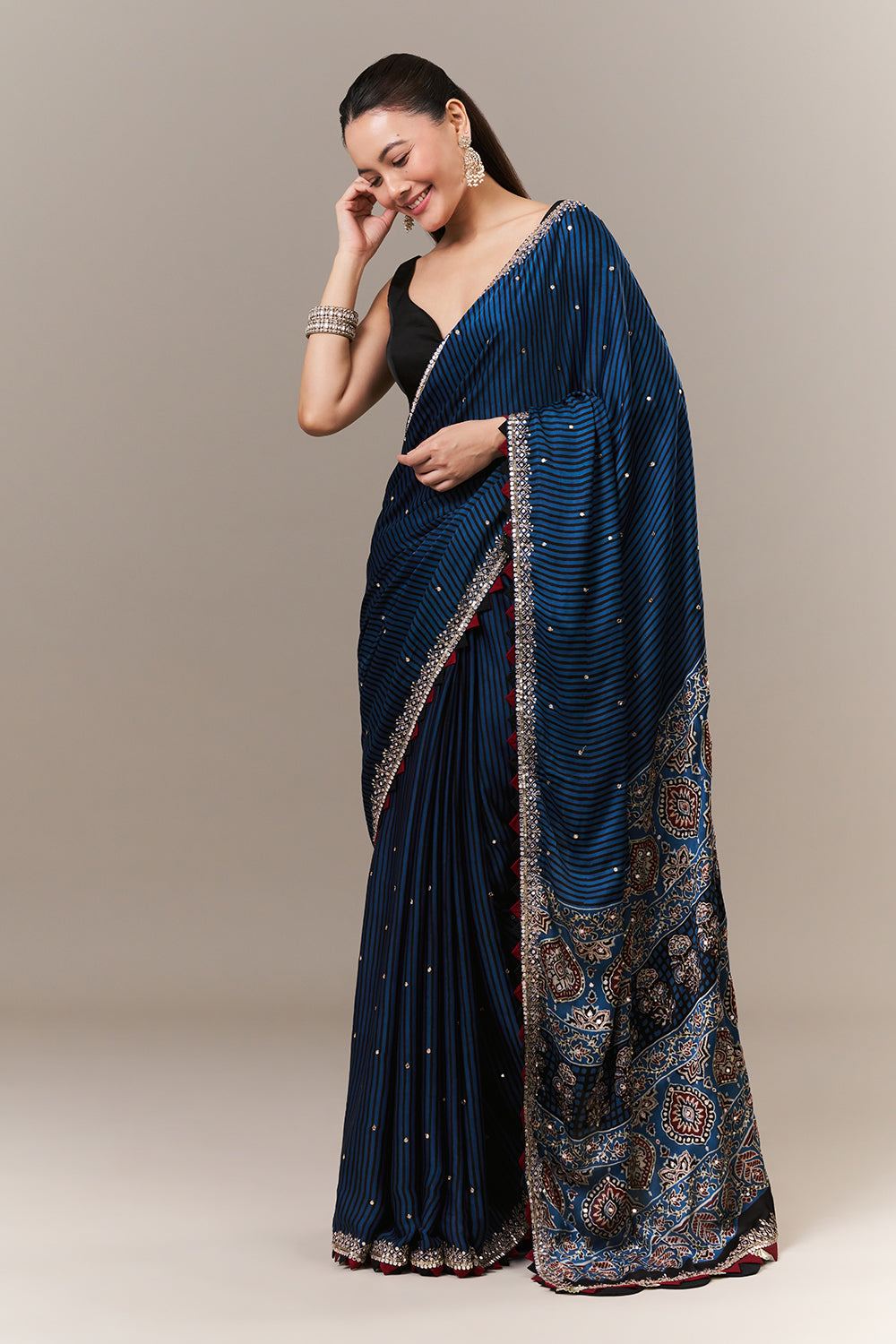 Blue Satin Silk Printed Saree with Sequin and Zari Work