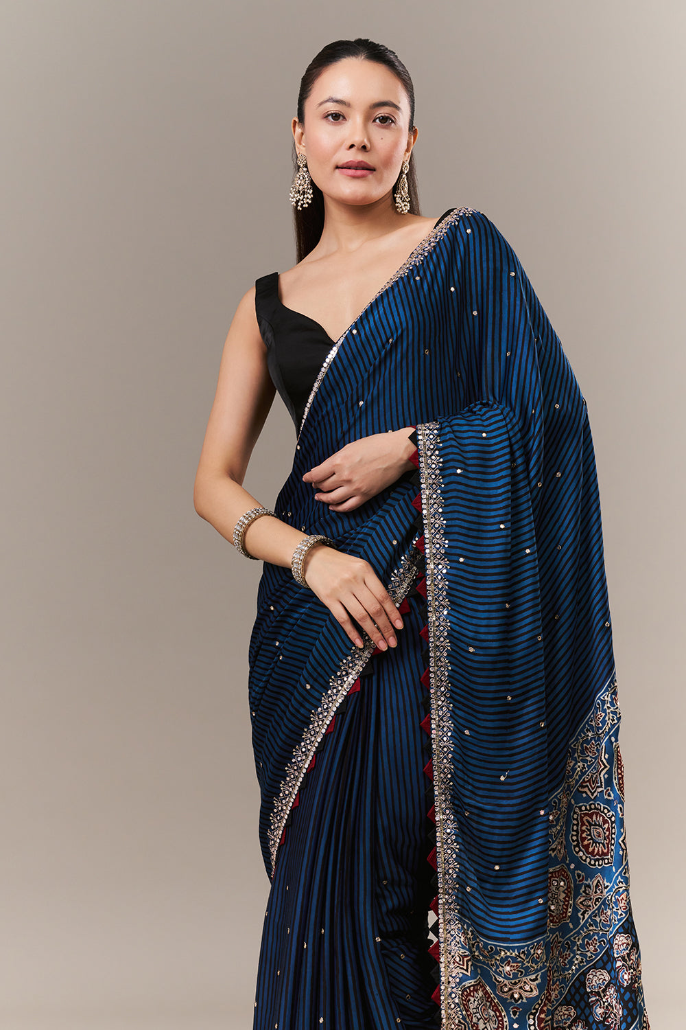 Blue Satin Silk Printed Saree with Sequin and Zari Work