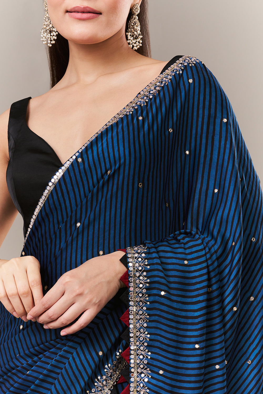 Blue Satin Silk Printed Saree with Sequin and Zari Work