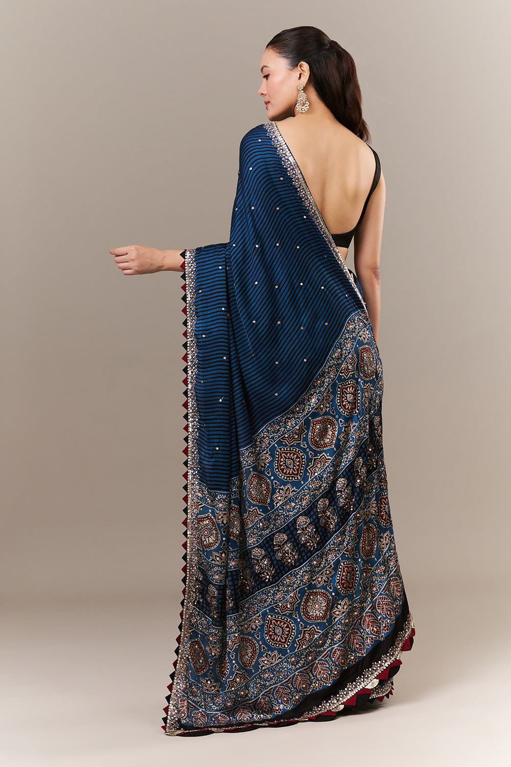 Blue Satin Silk Printed Saree with Sequin and Zari Work