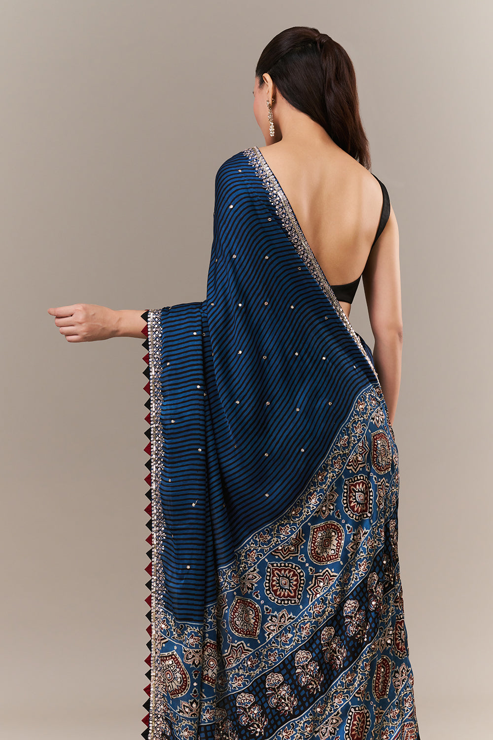 Blue Satin Silk Printed Saree with Sequin and Zari Work