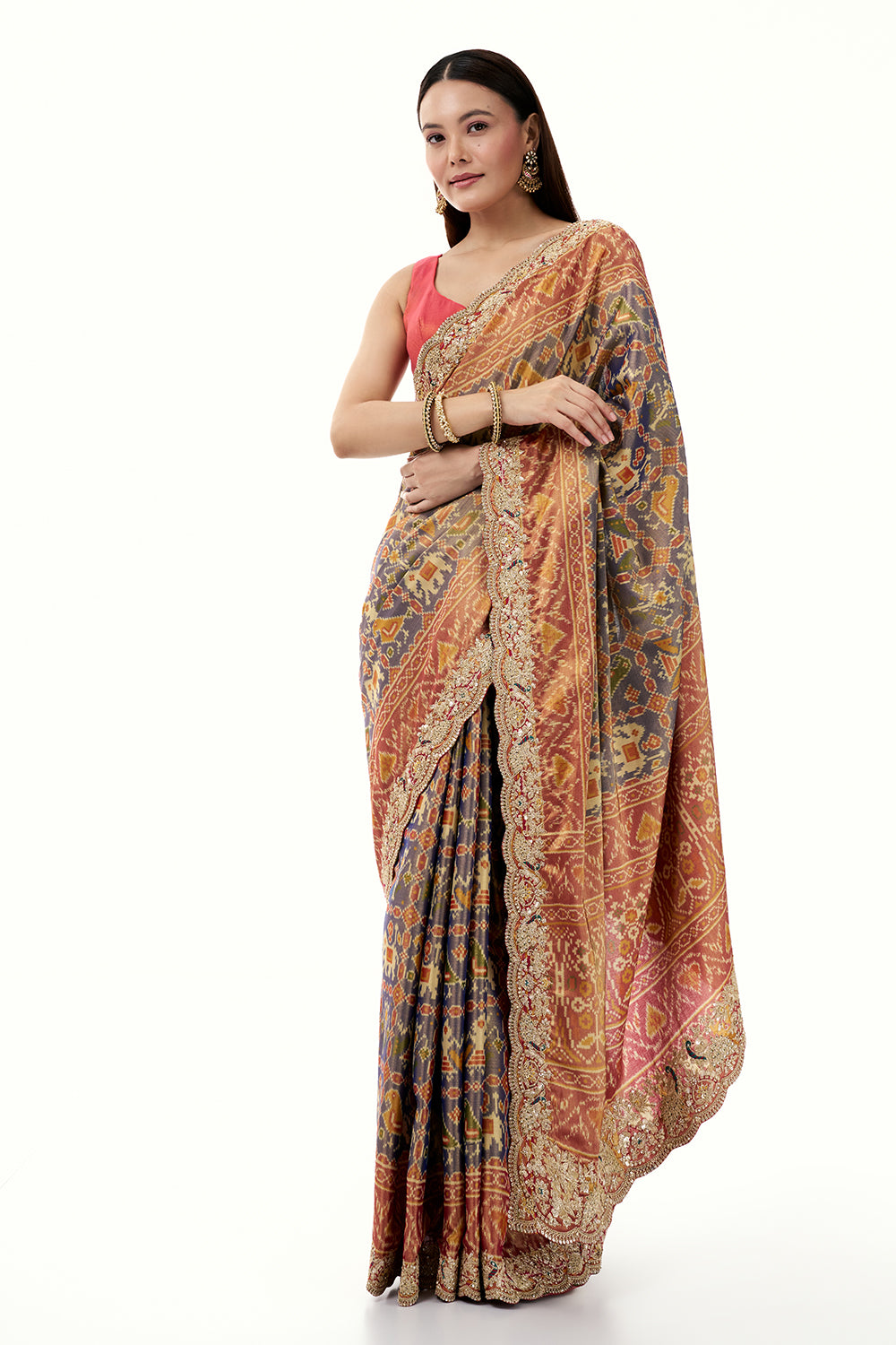 Blue Tissue Silk Saree with Patola Print and Embellished Border