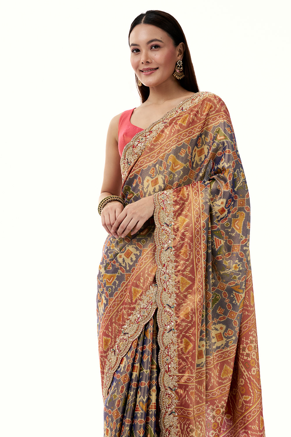Blue Tissue Silk Saree with Patola Print and Embellished Border