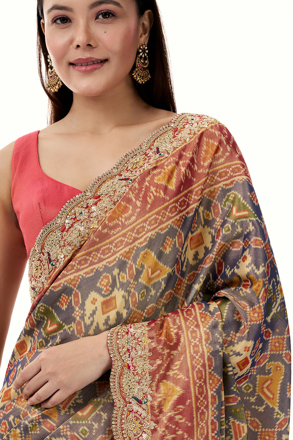 Blue Tissue Silk Saree with Patola Print and Embellished Border