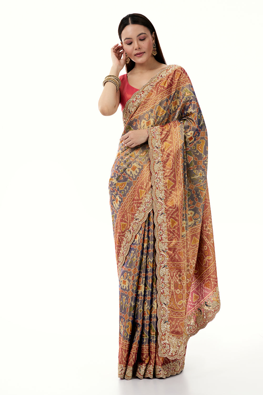 Blue Tissue Silk Saree with Patola Print and Embellished Border