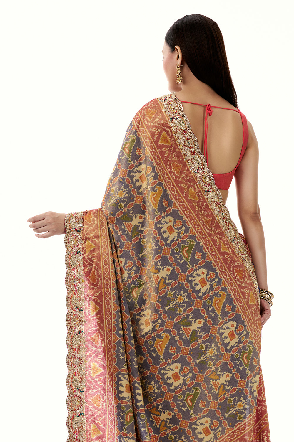 Blue Tissue Silk Saree with Patola Print and Embellished Border