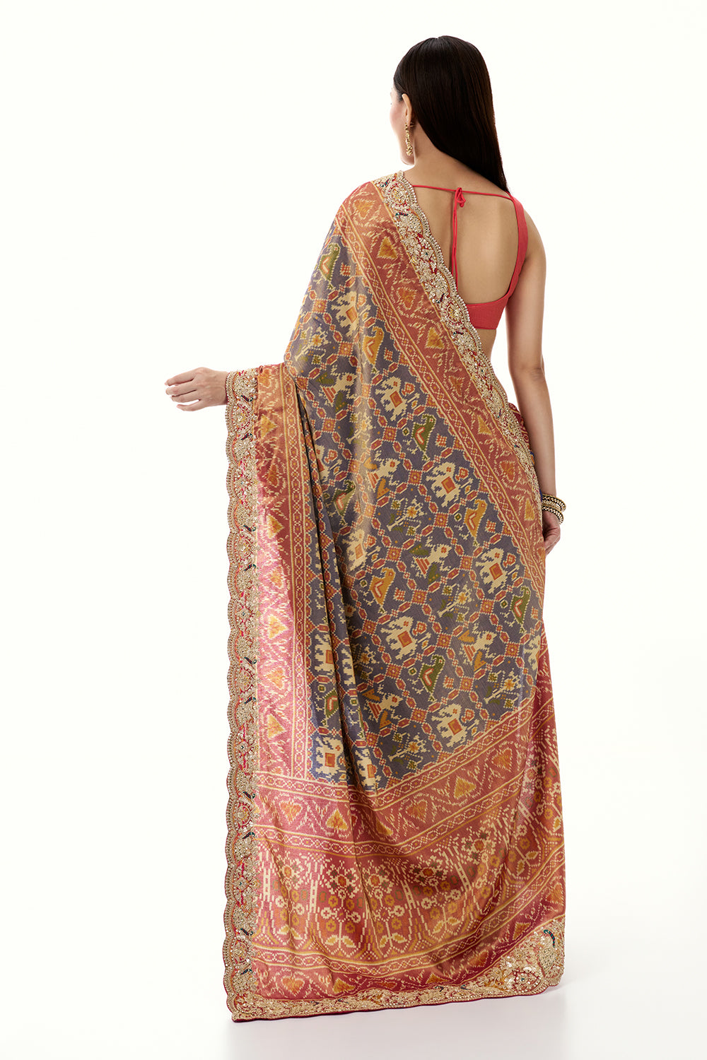 Blue Tissue Silk Saree with Patola Print and Embellished Border