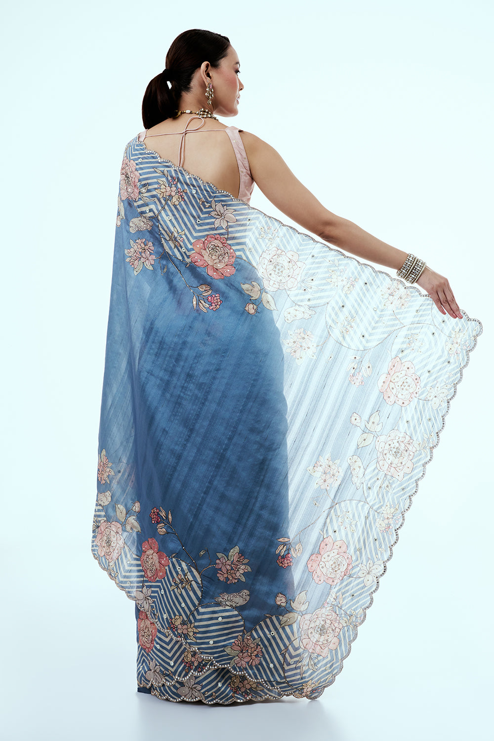 Blue Tussar Silk Saree with Mirror Work