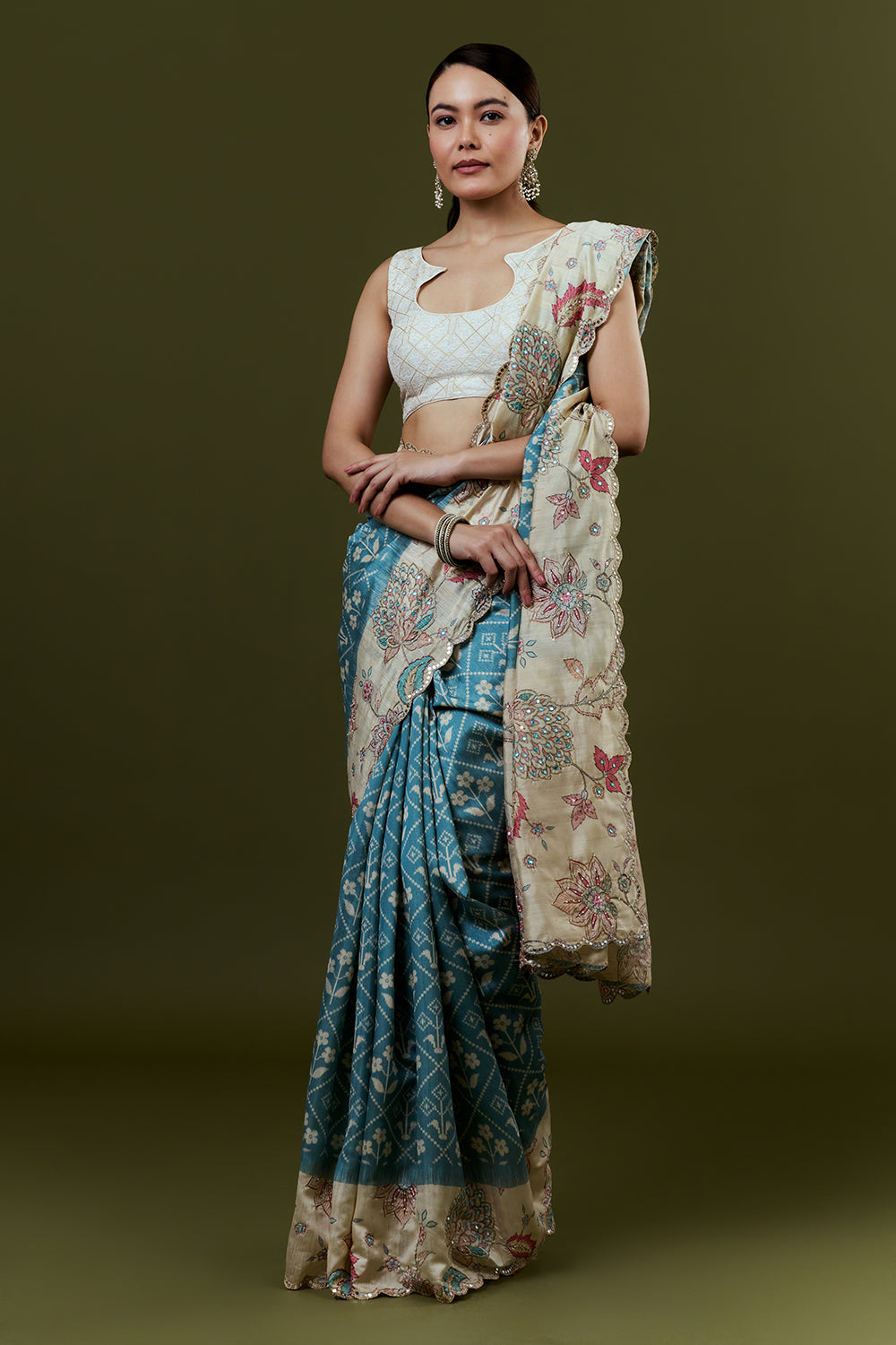 Blue Tussar Silk Saree with Zari Work and Printed Border