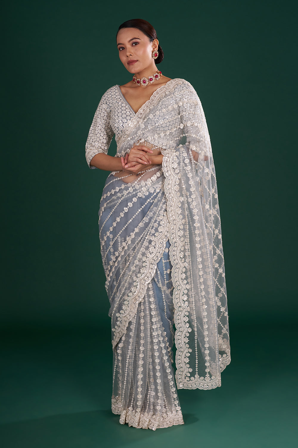 Bluish Grey Net Saree with Floral Vine Embroidery and Stitched Blouse
