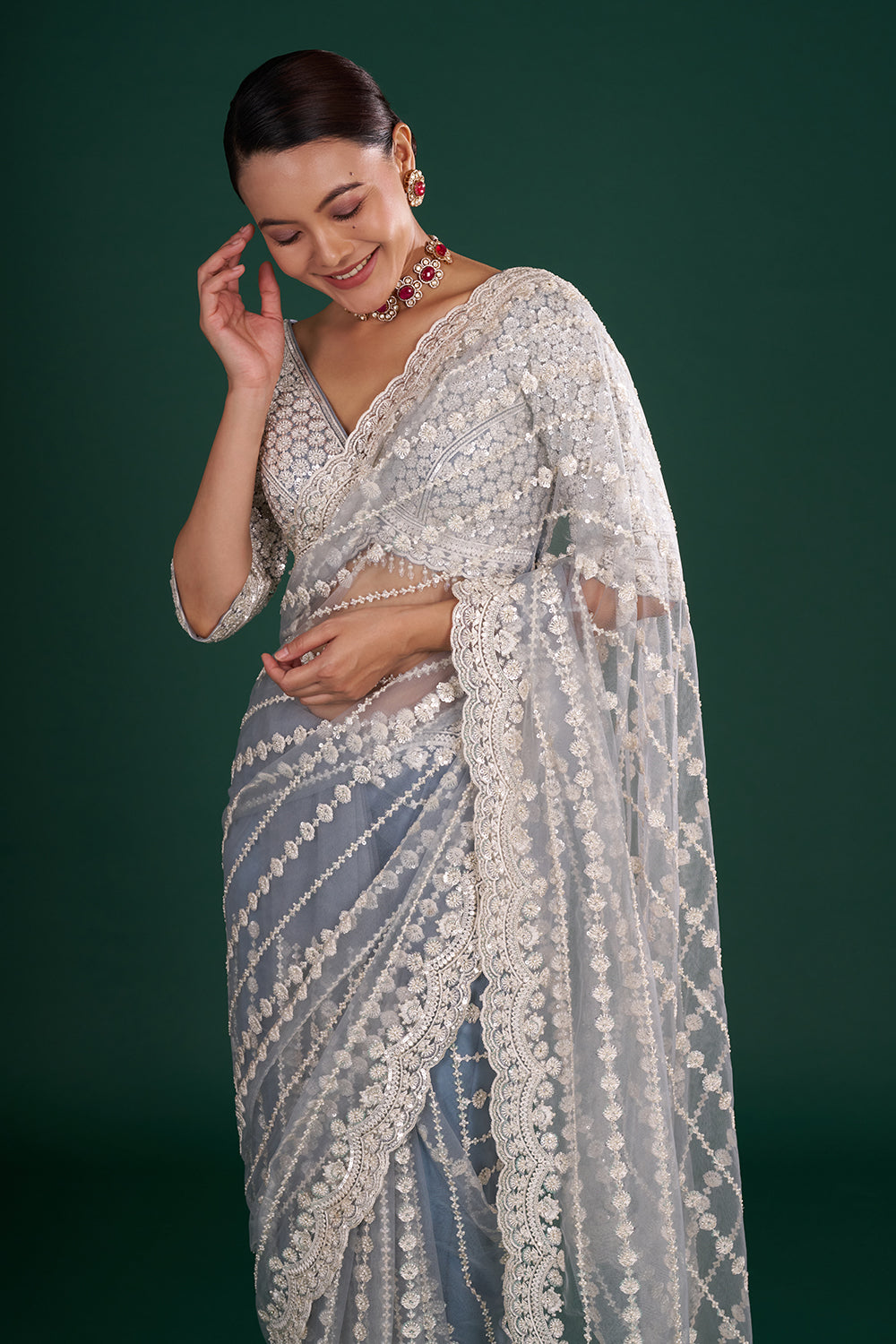 Bluish Grey Net Saree with Floral Vine Embroidery and Stitched Blouse