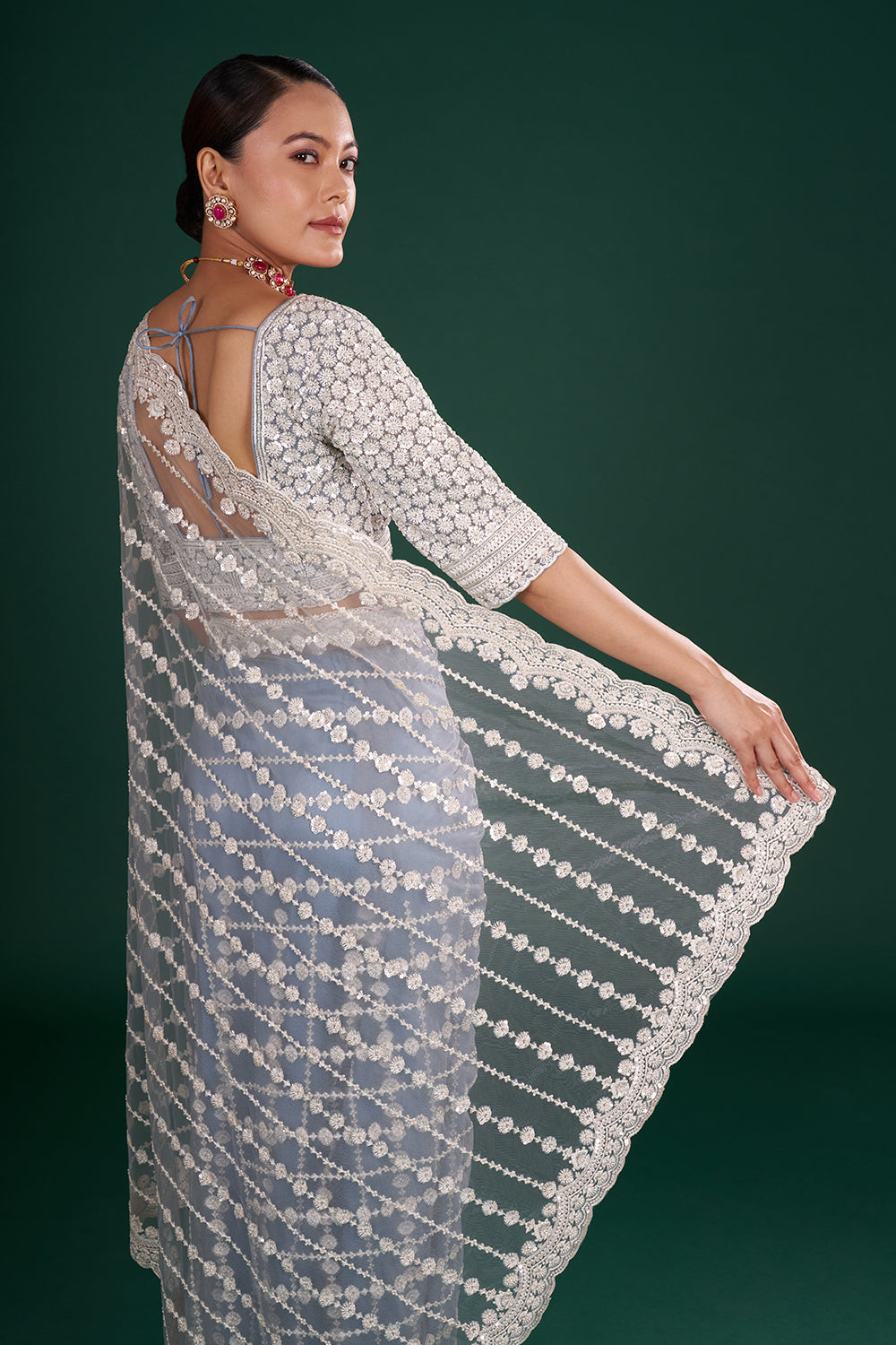 Bluish Grey Net Saree with Floral Vine Embroidery and Stitched Blouse