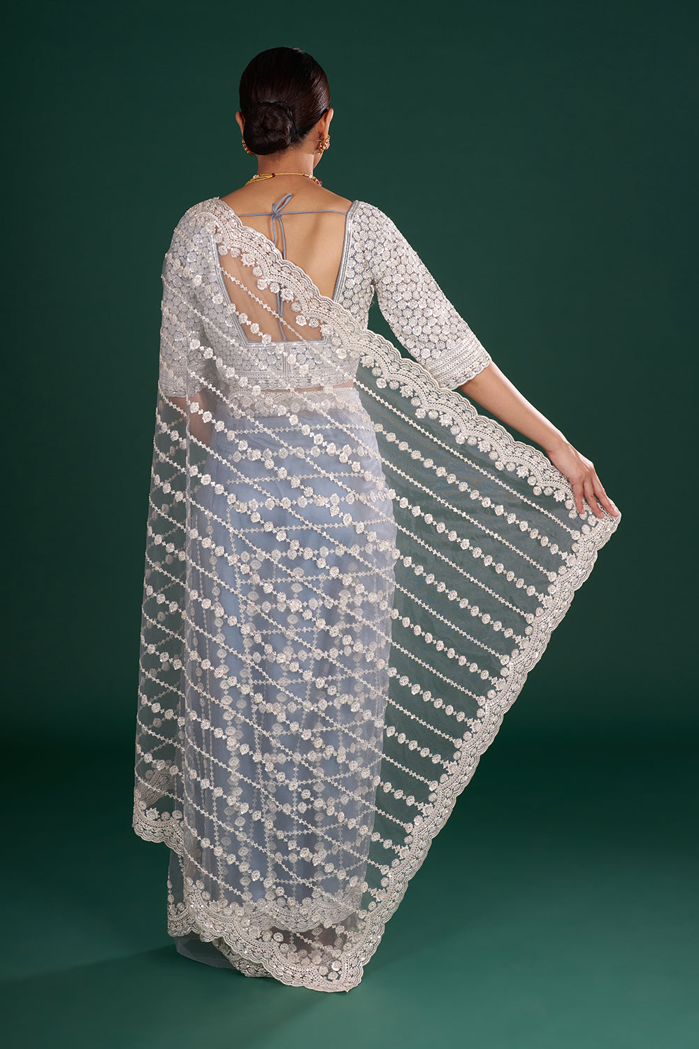 Bluish Grey Net Saree with Floral Vine Embroidery and Stitched Blouse