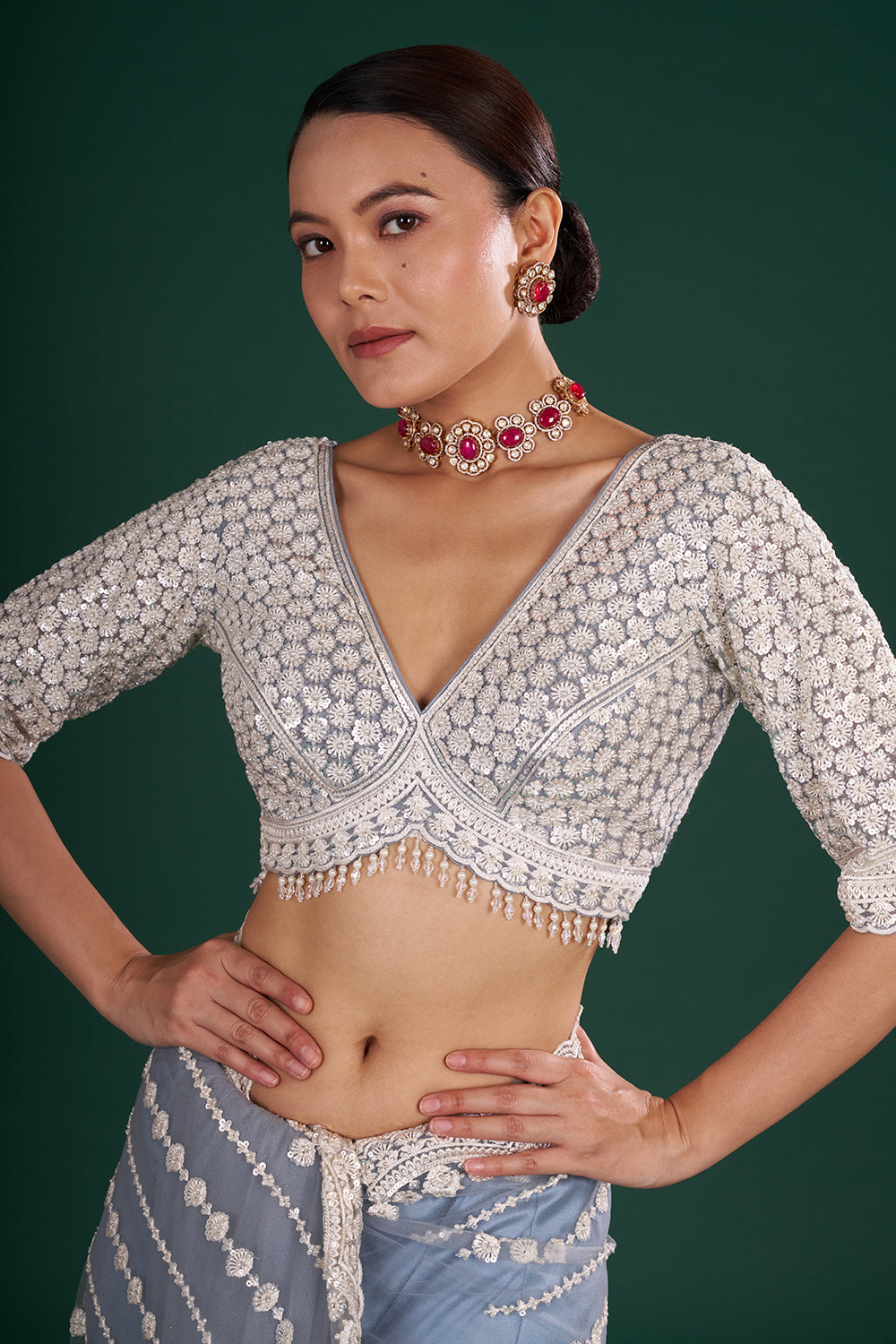 Bluish Grey Net Saree with Floral Vine Embroidery and Stitched Blouse