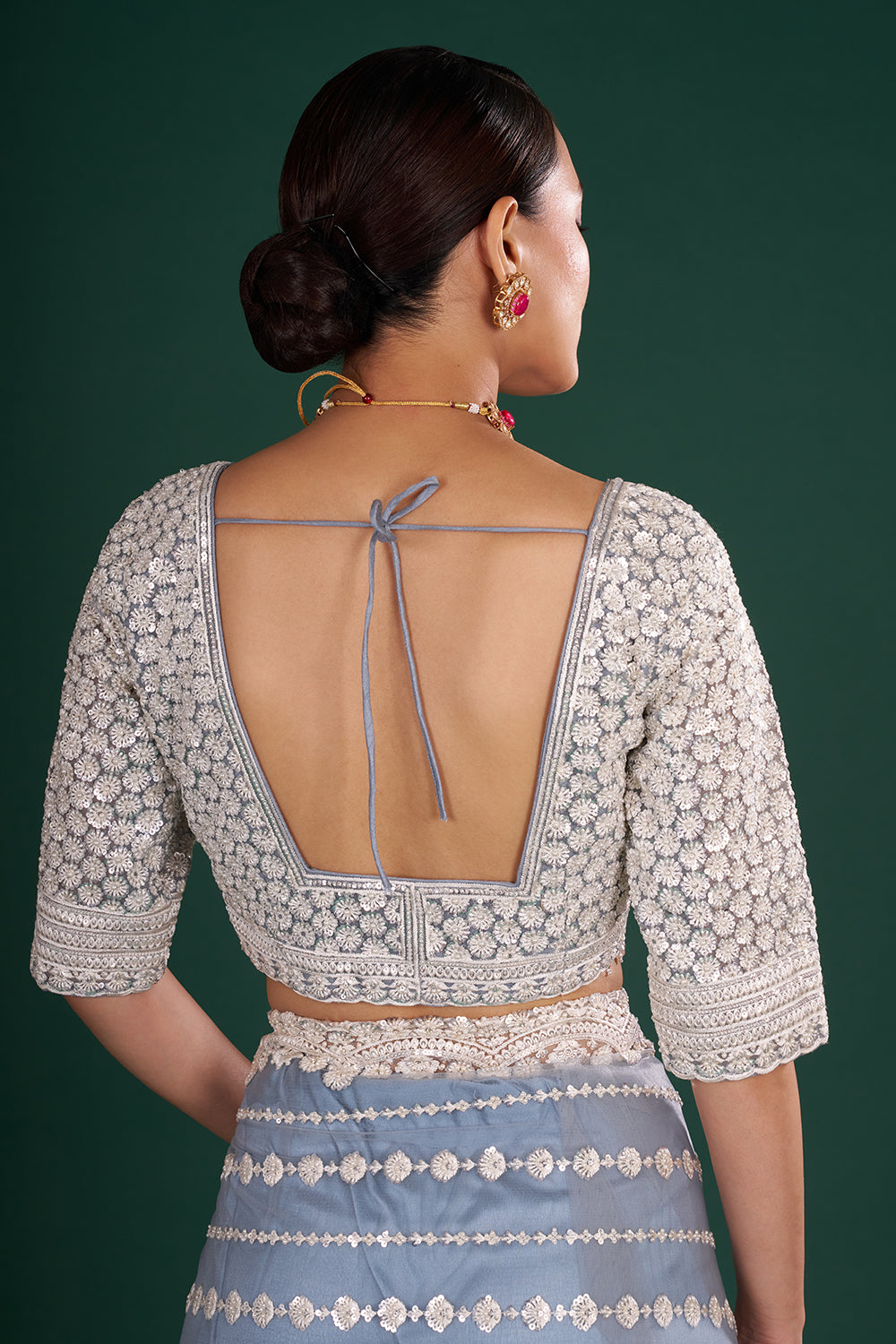 Bluish Grey Net Saree with Floral Vine Embroidery and Stitched Blouse