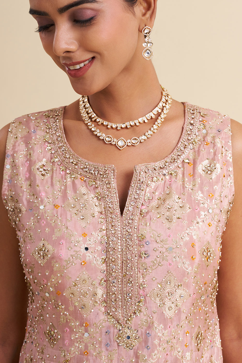 Blush Pink Banarasi Buti Kurta Set with Zari Embroidery