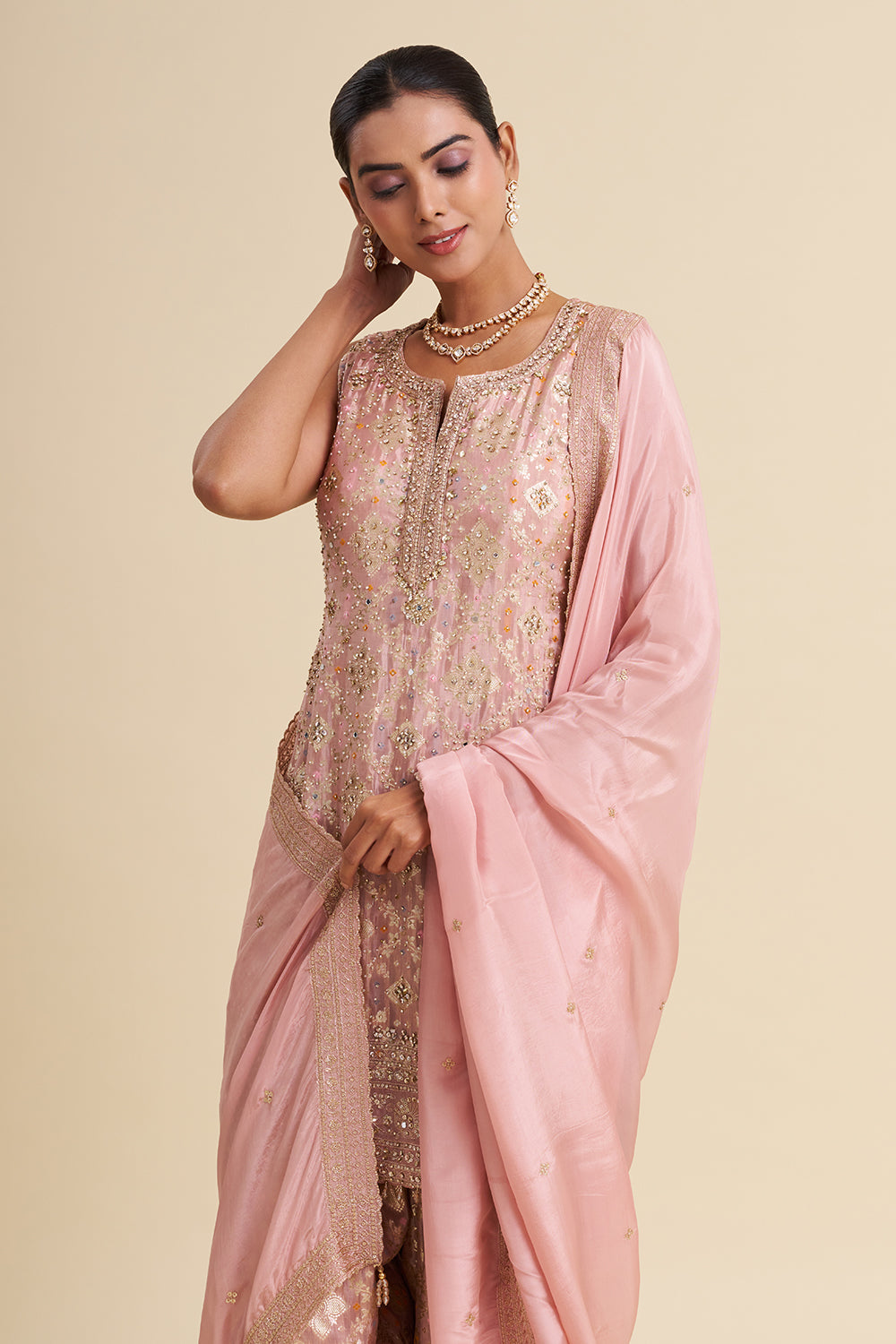 Blush Pink Banarasi Buti Kurta Set with Zari Embroidery