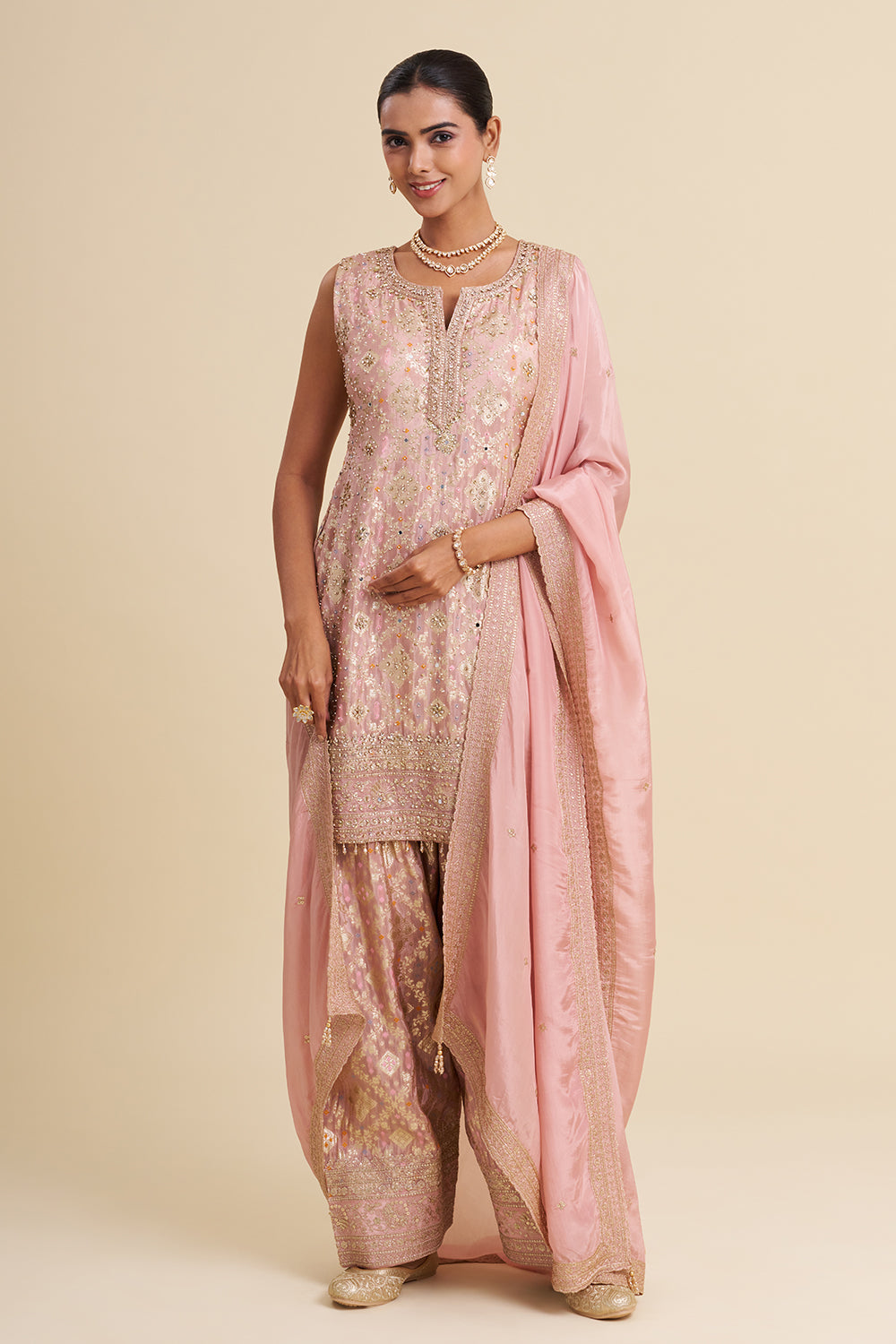 Blush Pink Banarasi Buti Kurta Set with Zari Embroidery