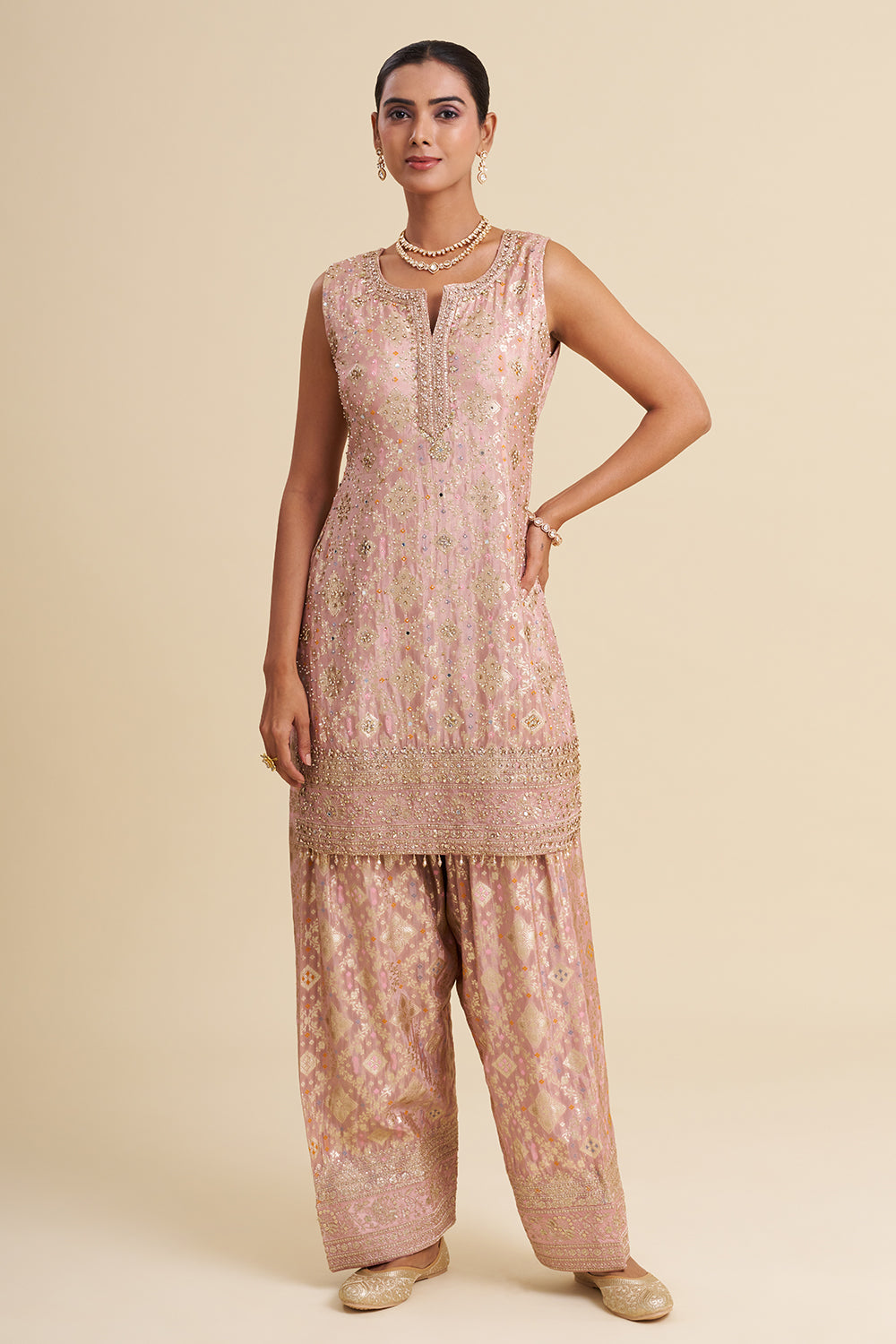 Blush Pink Banarasi Buti Kurta Set with Zari Embroidery