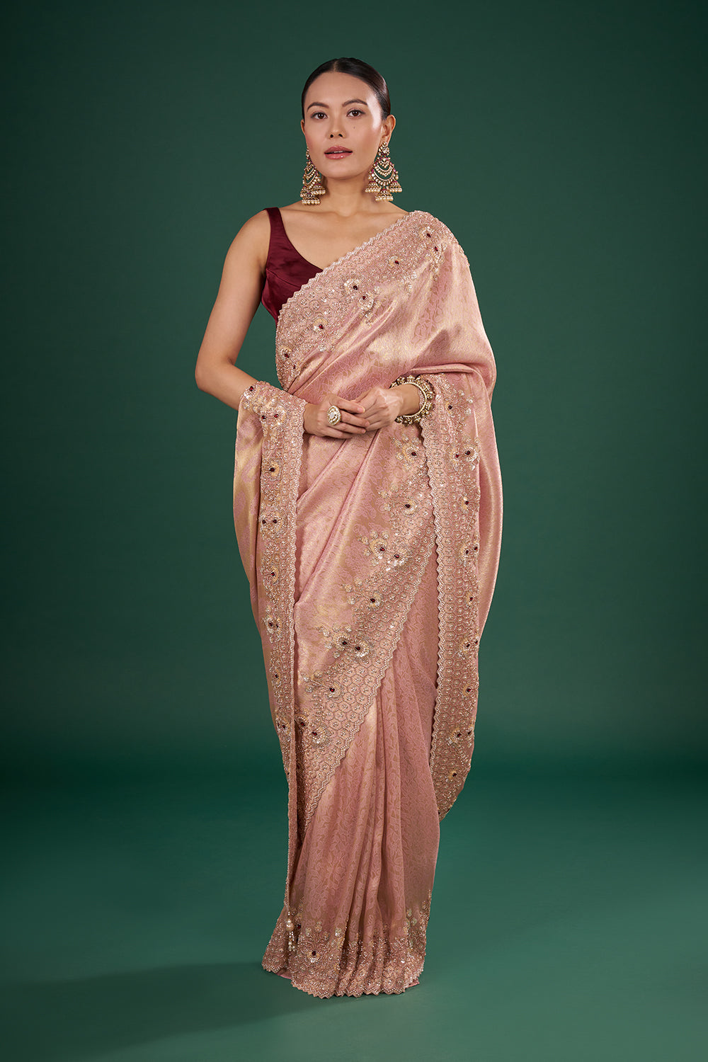 Blush Pink Banarasi Saree with Red Stone Embellished Zardozi Border and Unstitched Blouse