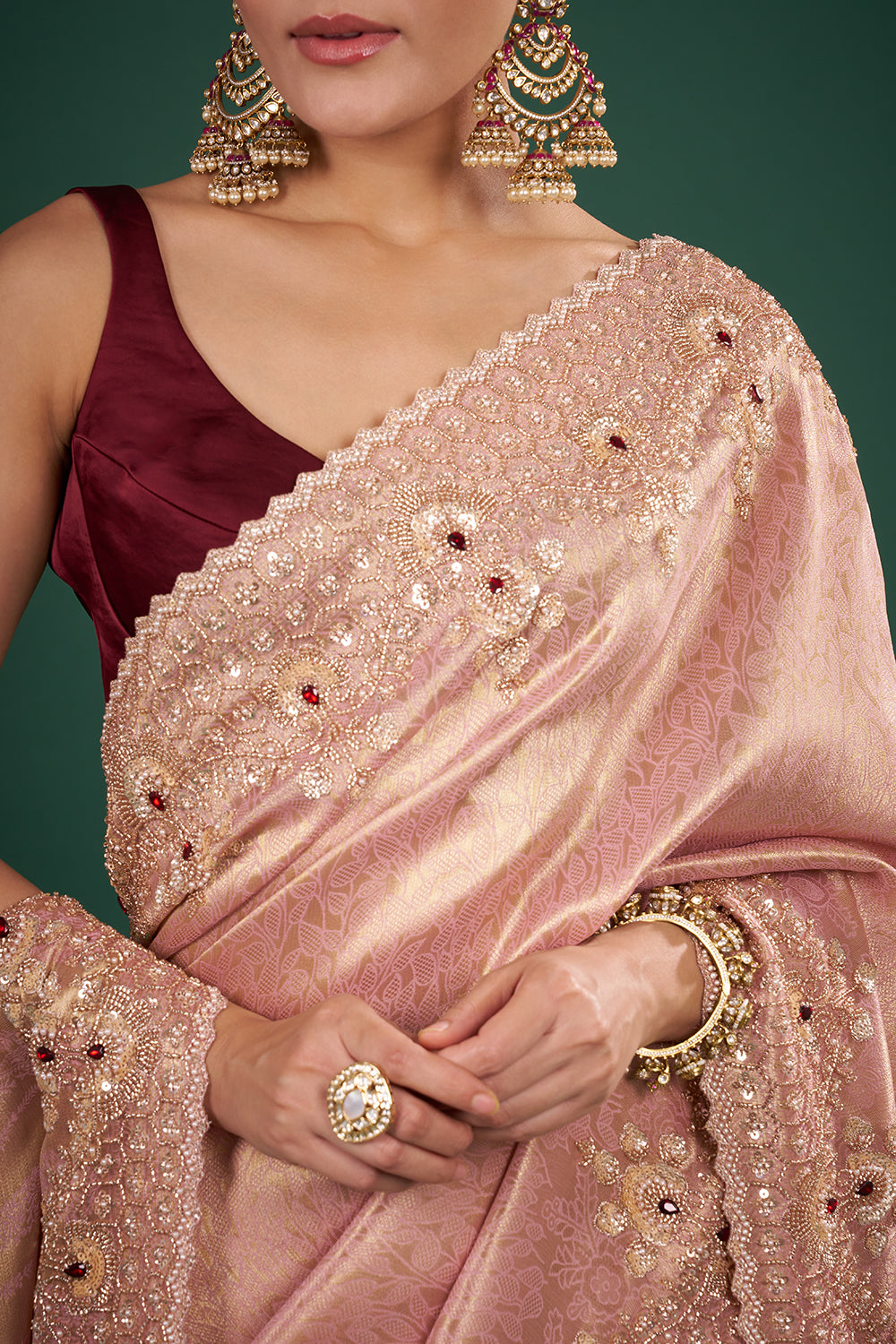 Blush Pink Banarasi Saree with Red Stone Embellished Zardozi Border and Unstitched Blouse