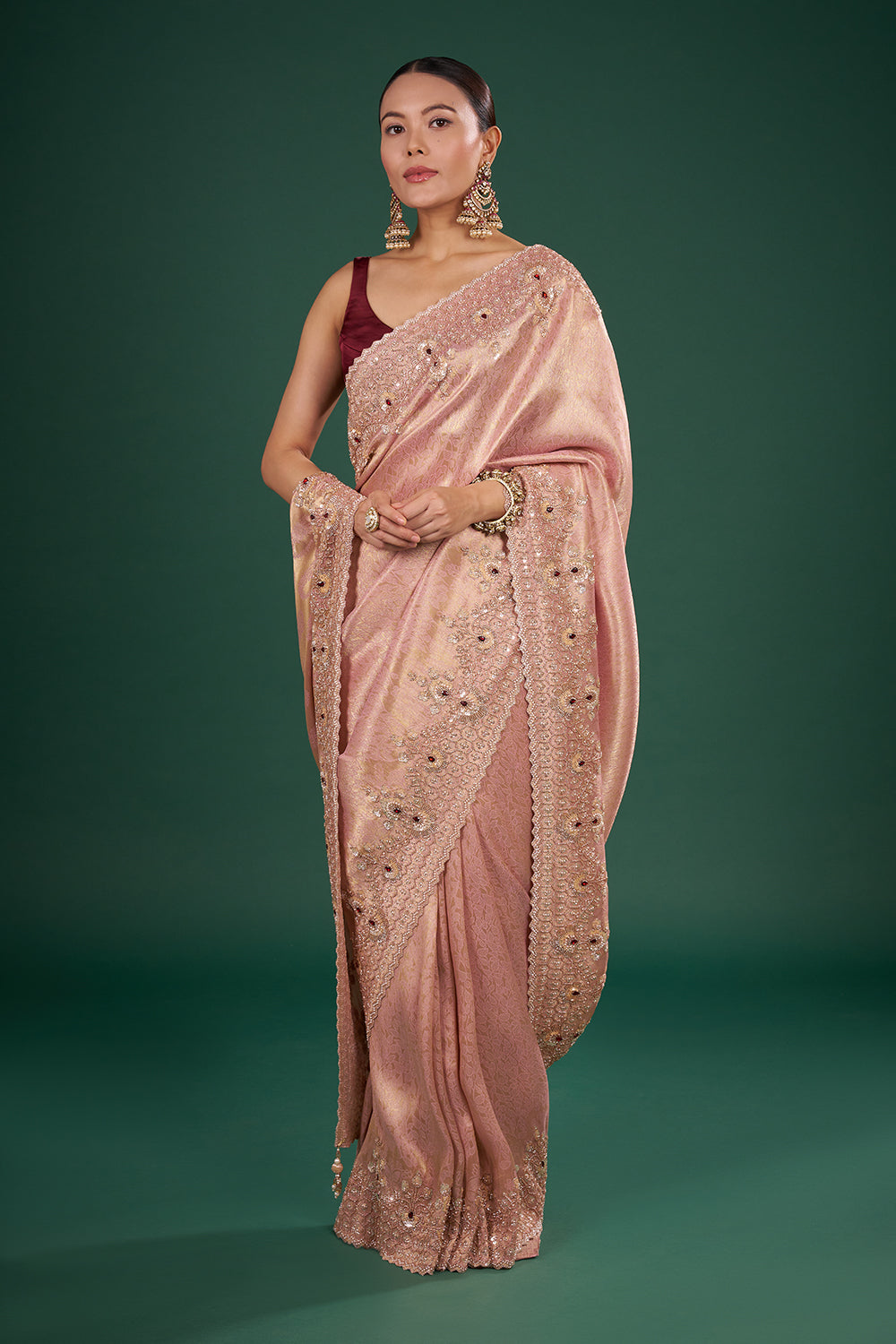Blush Pink Banarasi Saree with Red Stone Embellished Zardozi Border and Unstitched Blouse