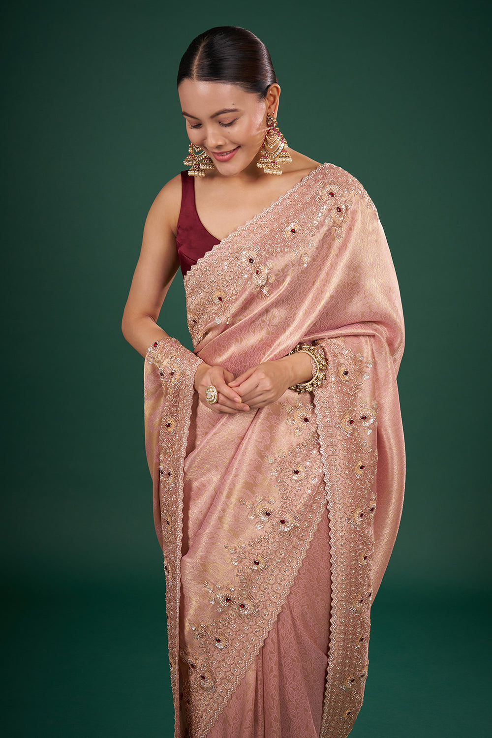 Blush Pink Banarasi Saree with Red Stone Embellished Zardozi Border and Unstitched Blouse