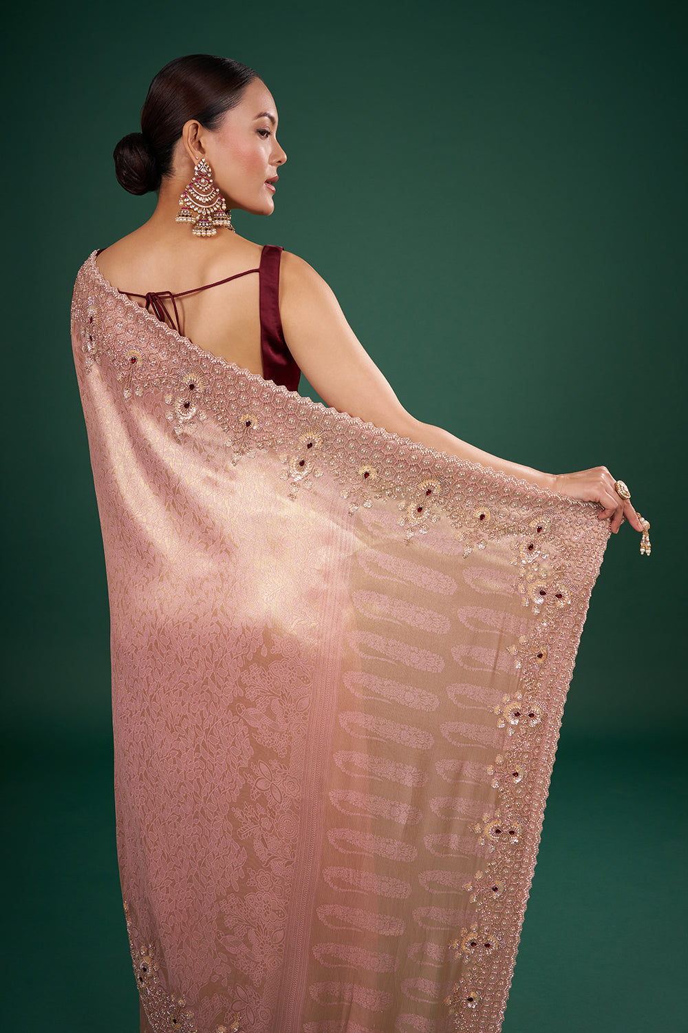 Blush Pink Banarasi Saree with Red Stone Embellished Zardozi Border and Unstitched Blouse