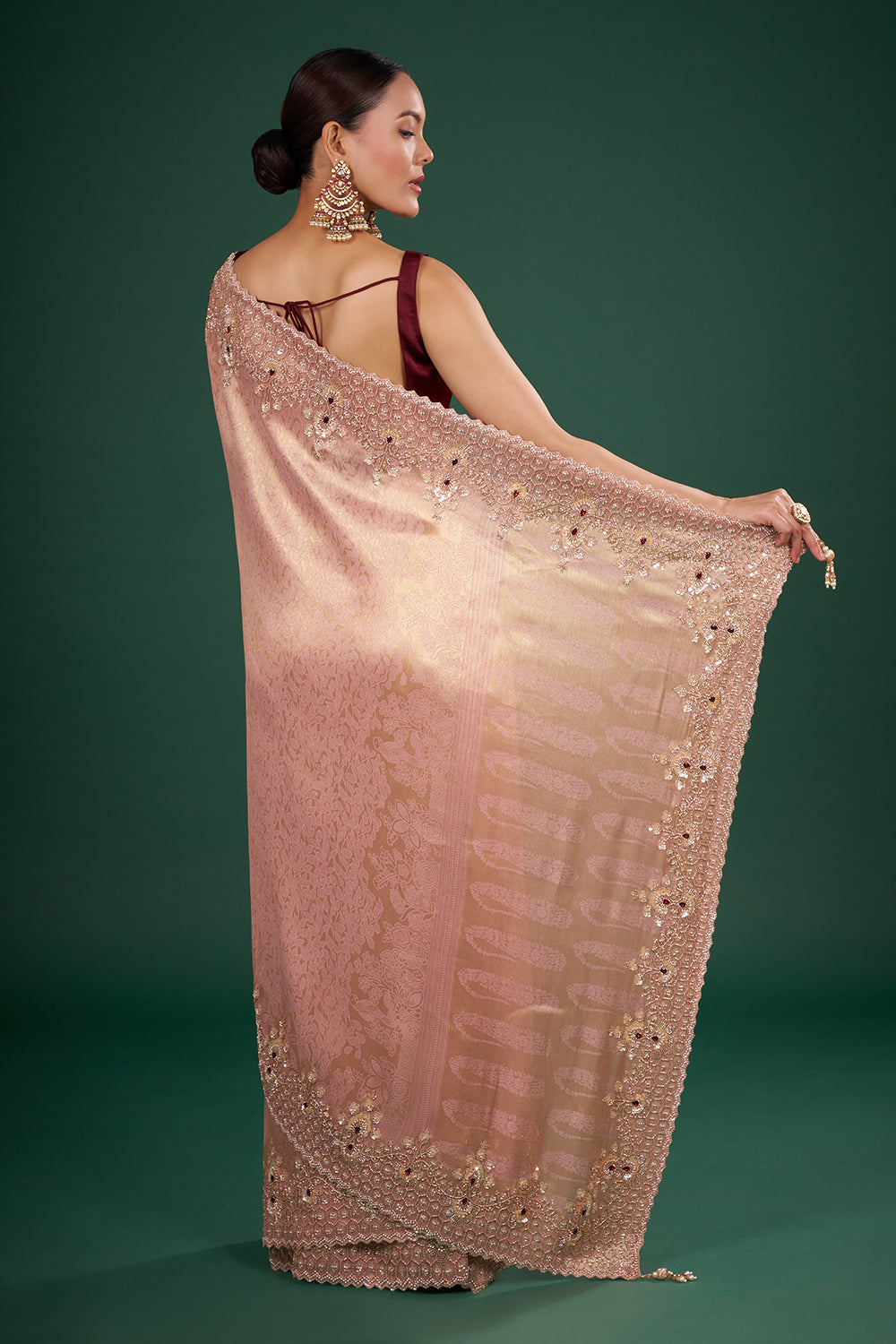 Blush Pink Banarasi Saree with Red Stone Embellished Zardozi Border and Unstitched Blouse