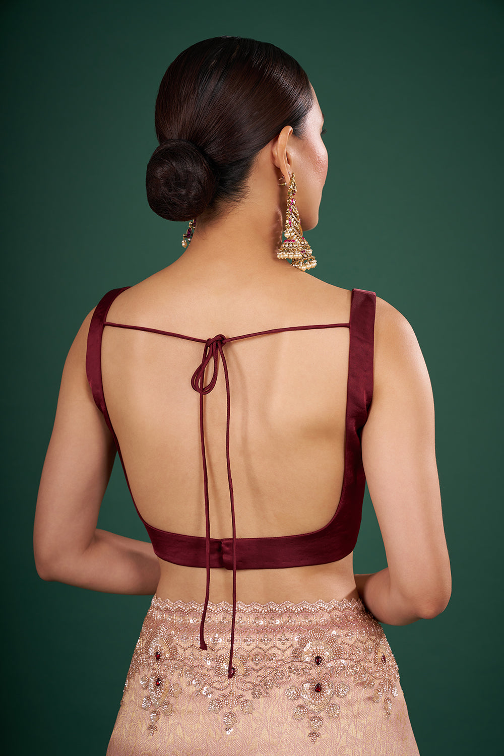 Blush Pink Banarasi Saree with Red Stone Embellished Zardozi Border and Unstitched Blouse