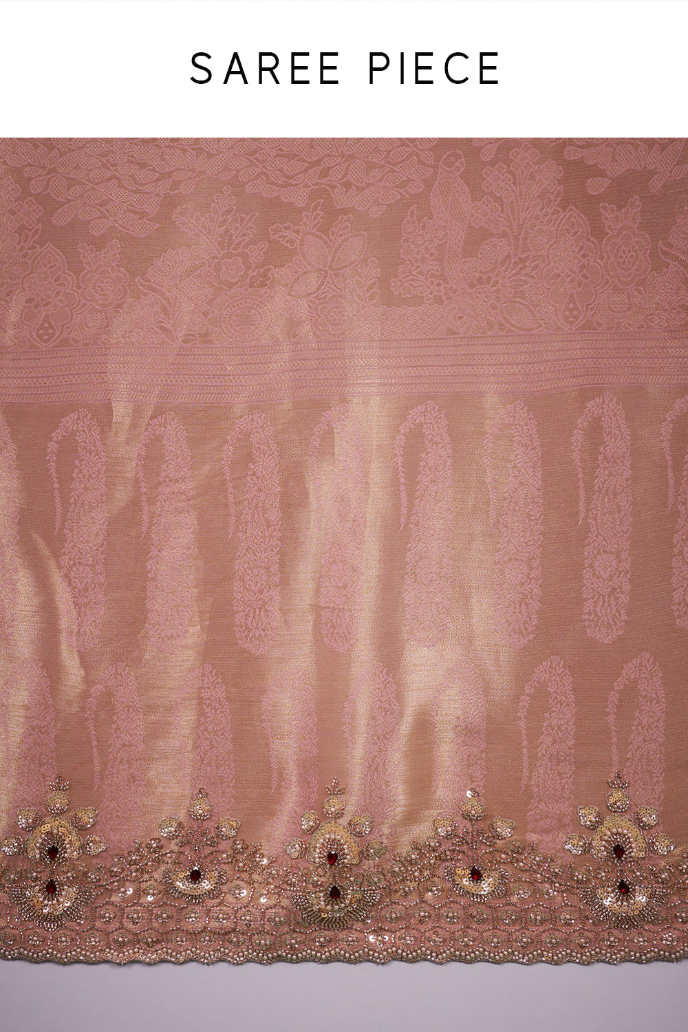 Blush Pink Banarasi Saree with Red Stone Embellished Zardozi Border and Unstitched Blouse