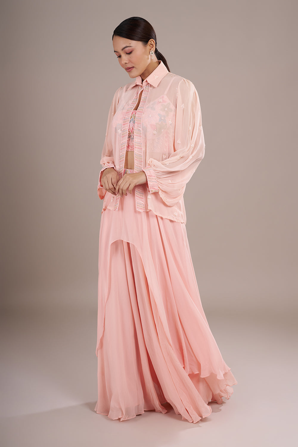 Blush Pink Chiffon Jacket Sharara Set with Sequin Embroidery