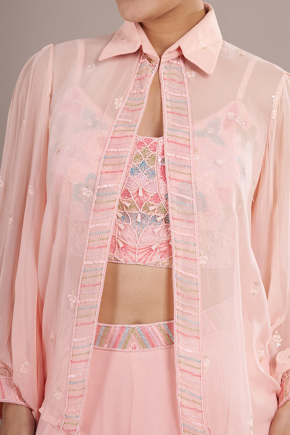 Blush Pink Chiffon Jacket Sharara Set with Sequin Embroidery