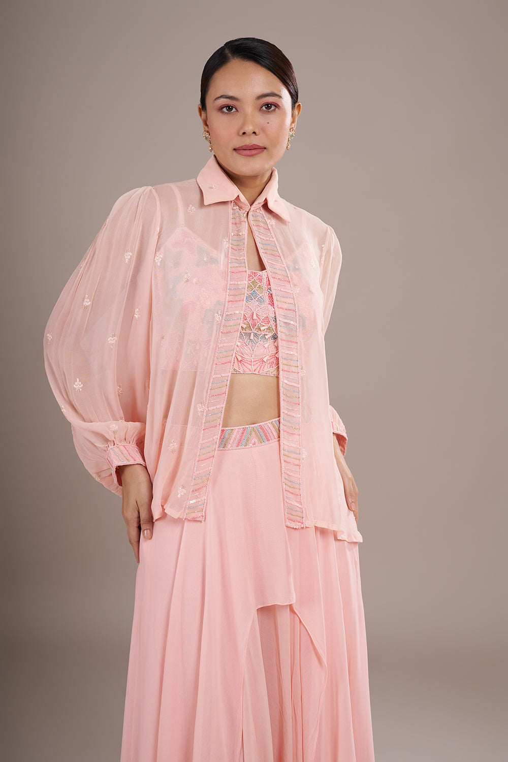 Blush Pink Chiffon Jacket Sharara Set with Sequin Embroidery