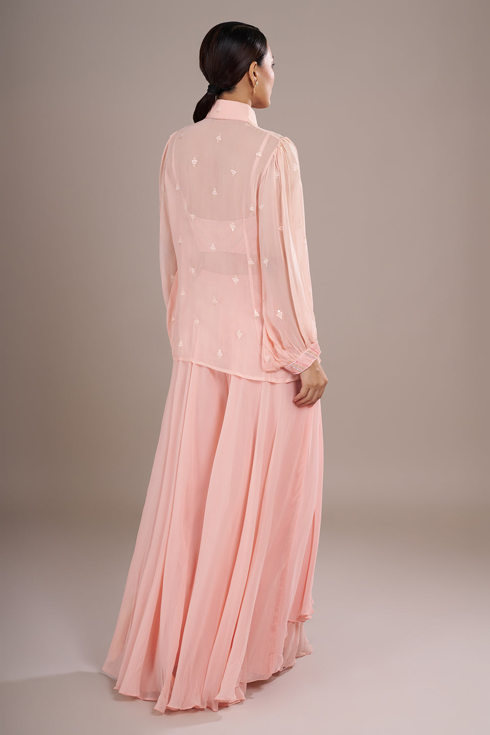 Blush Pink Chiffon Jacket Sharara Set with Sequin Embroidery