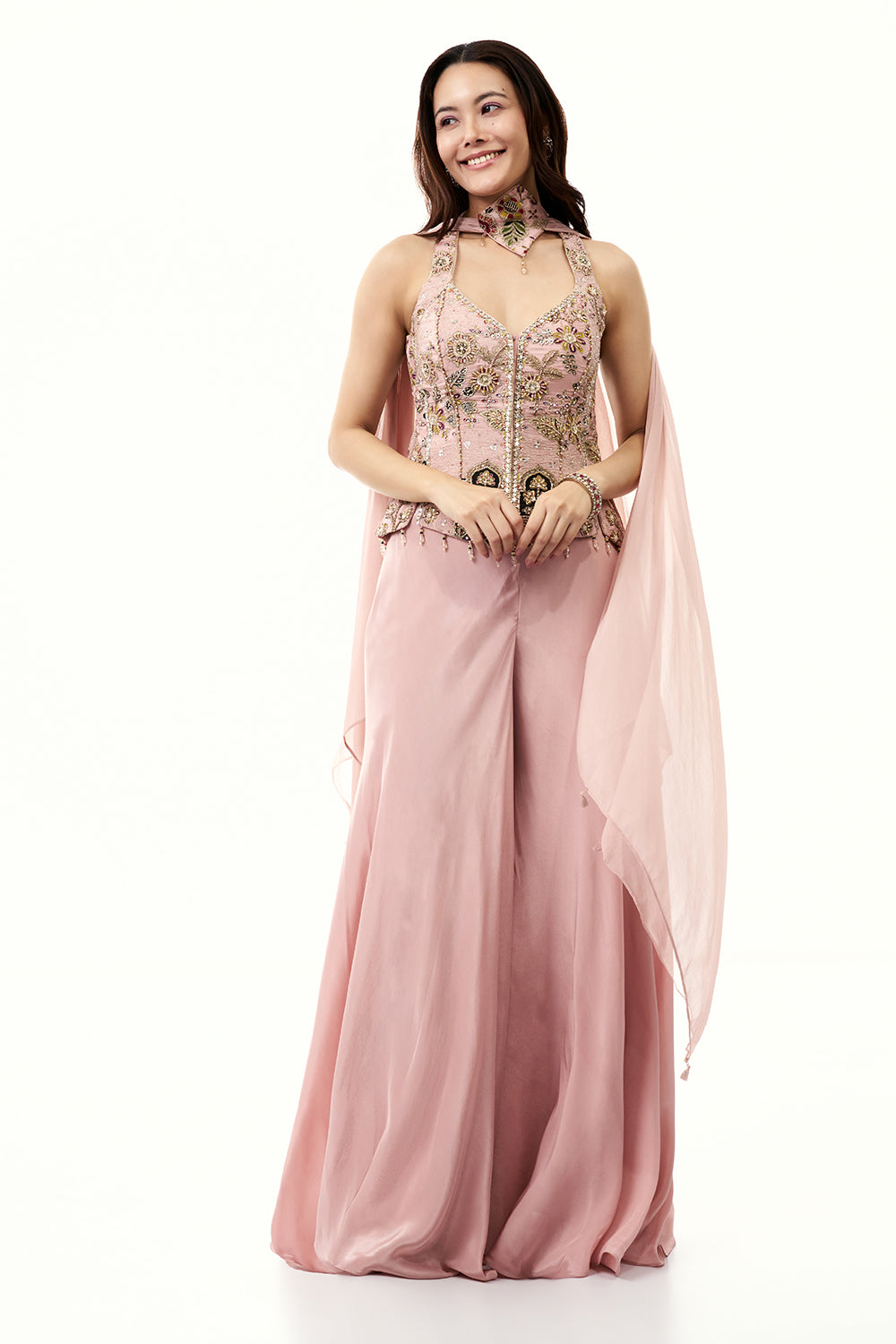 Blush Pink Crepe Palazzo Set with Zari and Mirror Work
