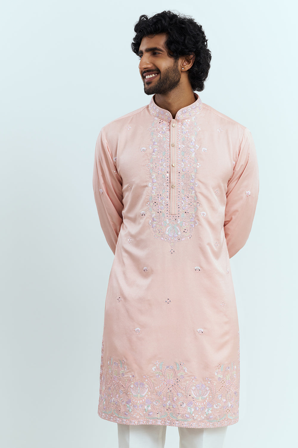 Peach Embroidered Men's Kurta Set